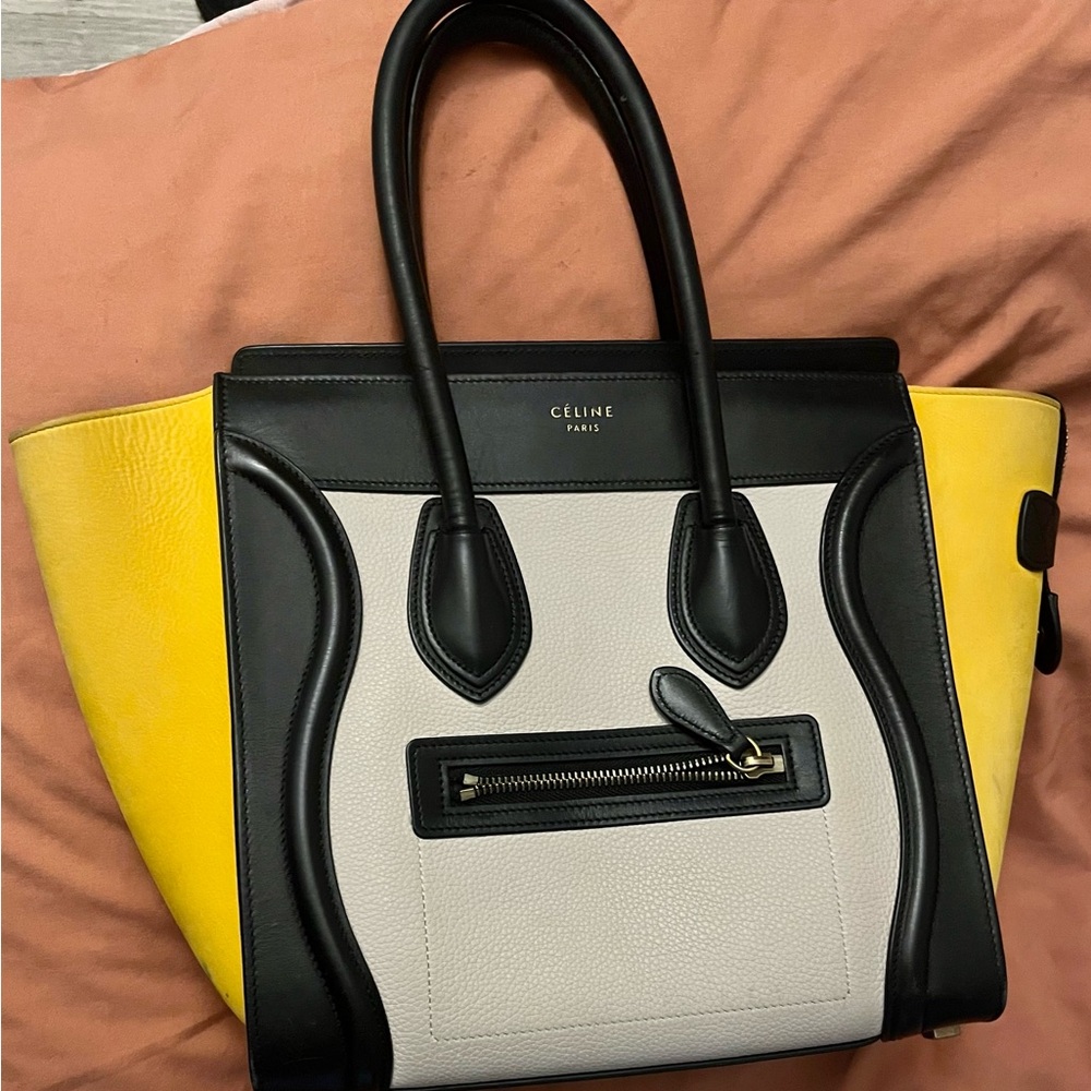 Celine Black, White, and Yellow micro Tote